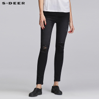 sdeer圣迪奥2018夏装女修身弹力纯色做破牛仔长裤