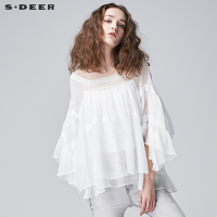 sdeer圣迪奥纯色清透韩式宽松公主袖系绳上衣