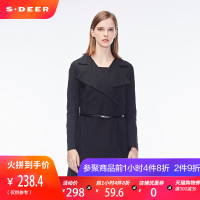 sdeer圣迪奥女装2018秋装纯色翻领斜襟开衩棉麻风衣外套