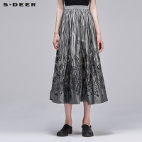 sdeer圣迪奥2018夏装女装挺括抽丝绣花毛边半身长裙