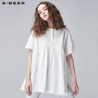 sdeer圣迪奥2018夏装宽松白色韩版落肩圆领娃娃衫衬衫S17260401