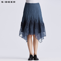 sdeer圣迪奥2018夏装欧根纱拼接绣花亚麻半身裙A字裙S17281170