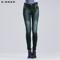 sdeer圣迪奥2018夏装女装水洗渐变做旧紧身小脚牛仔裤