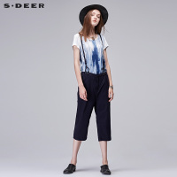 sdeer圣迪奥2018夏装帅气条纹全棉七分阔腿背带裤女