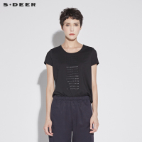 sdeer圣迪奥女2018夏装新款欧美风字母胶印黑色短袖T恤