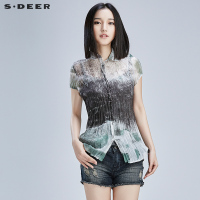 sdeer圣迪奥清冷色氤氲印花清透短袖衬衫