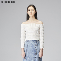 sdeer圣迪奥2018秋装休闲一字领弹力性感露肩长袖衬衫女