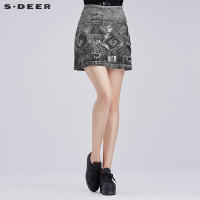 sdeer圣迪奥夏装闪亮珠片高腰印花A字包臀裙亚麻短裙女