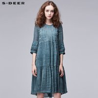 sdeer圣迪奥2018夏装复古花边中袖亚麻桑蚕丝拼接连衣裙