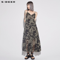 sdeer圣迪奥2018夏装变奏迷彩印花闪亮珠片高腰连衣裙