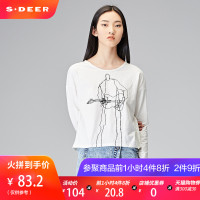 sdeer圣迪奥女装2018秋装休闲撞色抽象印花白色长袖T恤