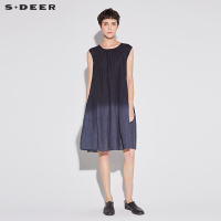 sdeer圣迪奥2018夏装文艺蓝晕染渐变A字亚麻连衣裙女