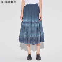sdeer圣迪奥2018夏装女A廓沉寂蓝印花百褶长款半身裙