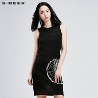 sdeer圣迪奥女夏装清透酷感撞色抽象印花无袖针织连衣裙