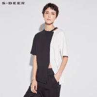 sdeer圣迪奥2018新款夏装圆领破洞黑白撞色中袖宽松T恤