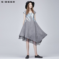 sdeer圣迪奥2018女夏装蓝漆印网纱拼接无袖连衣裙