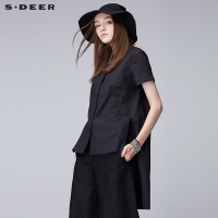 sdeer圣迪奥2018夏装先锋酷黑短袖前短后长帅气黑色衬衫S17280467