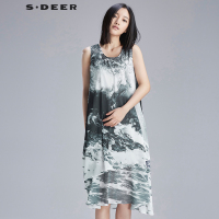 sdeer圣迪奥女装写意水墨层次摆无袖连衣裙