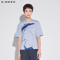 sdeer圣迪奥2018夏装新款甜美条纹人物印花飘带中袖衬衫