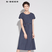 sdeer圣迪奥2018新款夏装圆领短袖网纱拼接口袋连衣裙女