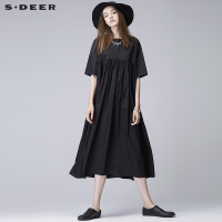 sdeer圣迪奥2018夏装纯黑拼接宽松A字圆领衬衫连衣裙女