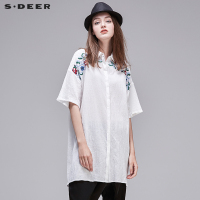 sdeer圣迪奥2018夏装纯色愫白绣花宽松短袖衬衫S17280454