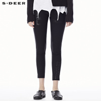 sdeer圣迪奥女装简约酷黑金属光泽字母印胶装饰小脚裤子