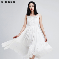 sdeer圣迪奥女装夏装民族风镂空绣花白色高腰带连衣裙