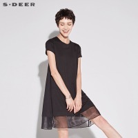 sdeer圣迪奥2018夏装贴片毛边A廓欧根纱拼接短袖连衣裙