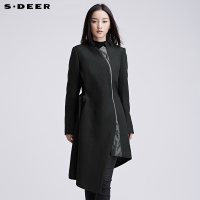 sdeer圣迪奥女2018冬装设计感先锋斜襟系绳不规则摆大衣