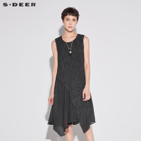sdeer圣迪奥2018夏装做旧感印花垂坠雪纺拼接无袖连衣裙
