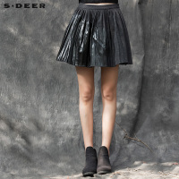 sdeer圣迪奥女装酷帅漆皮拼贴俏皮风琴褶短裙S15481387