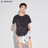 sdeer圣迪奥2018夏装趣味简笔线条雪纺拼接短袖黑色T恤