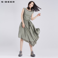 sdeer圣迪奥女装夏装文艺复古珠片分割腰带不规则连衣裙