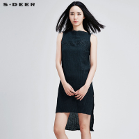 sdeer圣迪奥女装夏装民族绣花肌理一字领无袖苎麻连衣裙