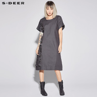 sdeer圣迪奥2018女夏装抽绳束腰分割字母蝙蝠款连衣裙