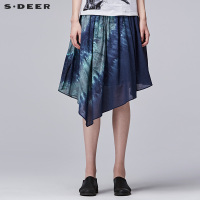 sdeer圣迪奥2018夏装A字蓝晕染印花不规则大摆半身裙