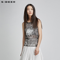 sdeer圣迪奥女装夏装黑白插画印花拼接无袖针织T恤背心