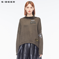 sdeer圣迪奥2018秋装中性军绿高领贴布落肩针织短款毛衣