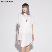 sdeer圣迪奥2018夏装趣味蚂蚁印花不规则摆短袖衬衫女装