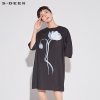 sdeer圣迪奥2018夏装宽松荷花印花中袖黑色长裙连衣裙女