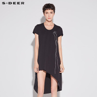 sdeer圣迪奥2018夏装女趣味简笔线条前后圆摆短袖连衣裙