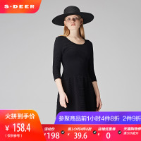 sdeer圣迪奥秋装简约纯黑高腰肌理圆领中袖知性连衣裙女S17383539