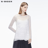 sdeer圣迪奥前后摆素朴绣花圆领两件套打底上衣女秋T恤