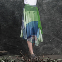 sdeer圣迪奥秋装鲜绿色调个性印花拼接不规则摆半身裙女