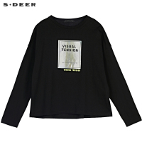 sdeer圣迪奥新款休闲纯色圆领撞色字母印胶落肩袖T恤