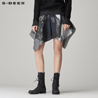 sdeer圣迪奥女装秋装抽象水墨印花不规则A字半身裙短裙