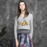 sdeer圣迪奥简约油画印花弹性长袖短款灰色T恤S16180251