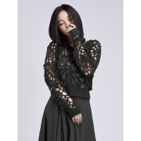 sdeer圣迪奥秋装简约纯色宽松粗棒镂空短款毛衣针织衫