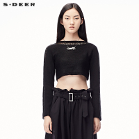 sdeer圣迪奥2018春装性感镂空高腰露脐一字领针织毛衣女S17383513